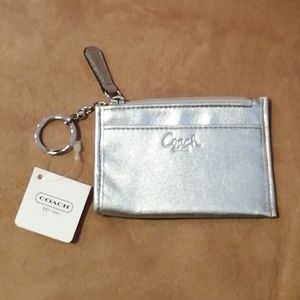 Coach Silver Wallet Card Case With Blue Lining Zip